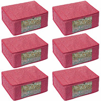 Homestrap set of 6 Cotton Quilted 3 Layered Saree Covers/Cloth Storage Bag/Wardrobe Organizer With Transparent Window And Zip For Lehenga, Suit, Dress,& Accessories (Pink)(Featured on Shark Tank)