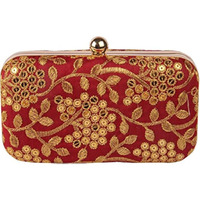 TOOBA Handicraft Hand Embroidered Box Clutch Bag Purse for Bridal, Casual, Wedding Bag for Women & Girls Red