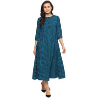idaLia Pure Cotton 3/4 Sleeve,Round Neck Striped Flared Blue Kurta for Women