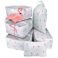 House of Quirk polyester 7 Set Packing Cubes Luggage Packing Organizers For Travel Accessories (White Flamingo)