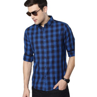 Dennis Lingo Men s Checkered Blue Slim Fit Casual Shirt (C419_Blue_L)