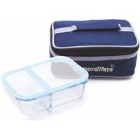 SignoraWare Slim High Borosilicate Glass Two Compartment Lunch Box with Bag | Leakproof | Microwave, Oven & Dishwasher Safe | Airtight | High Heat Acceptance | Direct Fridge to Oven (1000ml | Clear )