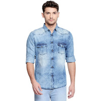 Dennis Lingo Men s Cotton Full Sleeves Washed Denim Casual Shirt with Flap Pockets (Blue, L)