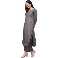 idaLia Grey Rayon Straight Solid Kurta Set for Women 3/4 Sleeve, Round V Neck Designer Kurta Set with Palazzo for Women