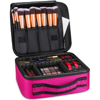 INOVERA (LABEL) Nylon Makeup Organizer Bag for Women, Girls & Bride - Travel Cosmetic Kit Storage Organiser - Toiletry Vanity Box with Adjustable Compartment, 26l x 23b x 9h cm (Pink)