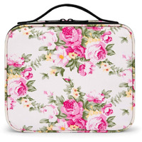 INOVERA (LABEL) Faux Leather Makeup Organizer Bag for Women, Girls & Bride - Travel Cosmetic Kit Storage Organiser - Toiletry Vanity Box with Adjustable Compartment, 26l x 23b x 9h cm (White Printed)