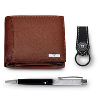 URBAN FOREST Oliver Redwood Leather Wallet, Black Keychain & Pen Combo Gift Set for Men