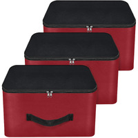 NISUN 3 Pack Nylon Underbed Moisture Proof Wardrobe Organizer Storage Bag for Clothes With Zipper Closure and Handle Square -(Red & Black, 38.1 x 25.4 x 35 cm)
