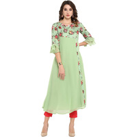 Janasya Women s Light Green Poly Crepe Floral Print A-line Kurta(JNE3368-KR-XS)