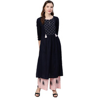 idaLia Light Pink and Navy Blue Cotton Kurta Set for Women A-Line Kurta with Palazzo Set Ideal for Wedding & Festive Occasions