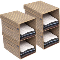 HomeStrap Printed Stackable Shirt Organizer With Cover Lid- Beige Pack Of 4 (Non-Woven, Rectangular), 40X24X24 Cm