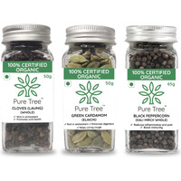 Pure Tree Certified Organic Cloves 50g, Green Cardamom 40g, Black Pepper 65g | 165 g | Glass Jar | Sabut Masala | Khada Masala | Whole Spice
