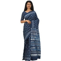 JALTHER Handicrafts Womens Ikat Hand Block Print Jaipuri Cotton Mulmul Saree with Blouse Piece -Blue_33