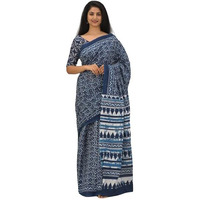 JALTHER Handicrafts Womens Ikat Hand Block Print Jaipuri Cotton Mulmul Saree with Blouse Piece - Blue_37