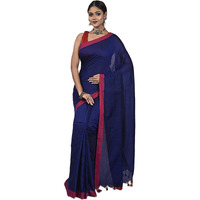 Laxmi Handloom Womens Traditional Bengal Handloom Pure Cotton Plain Saree (Blue & Red)