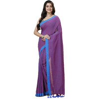 Laxmi Handloom Womens Traditional Bengal Handloom Pure Cotton Plain Saree (Violet and Blue)