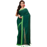 Laxmi Handloom Womens Traditional Bengal Handloom Pure Cotton Plain Saree (Bottle Green 2)