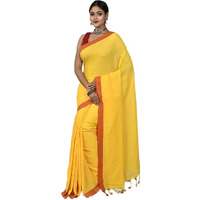 Laxmi Handloom Womens Traditional Bengal Handloom Pure Cotton Plain Saree (Yellow)