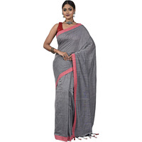 Laxmi Handloom Womens Traditional Bengal Handloom Pure Cotton Plain Saree (Grey & Red)