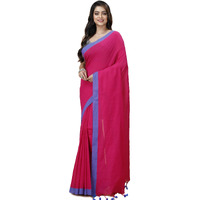 Laxmi Handloom Womens Traditional Bengal Handloom Pure Cotton Plain Saree (Rani and Blue)