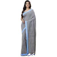 Laxmi Handloom Womens Traditional Bengal Handloom Pure Cotton Plain Saree (Grey and Sky)