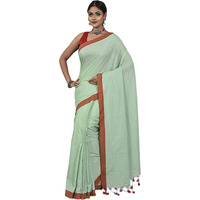 Laxmi Handloom Womens Traditional Bengal Handloom Pure Cotton Plain Saree (Light Green)