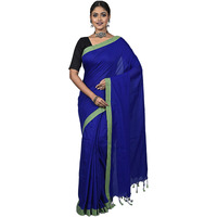 Laxmi Handloom Womens Traditional Bengal Handloom Pure Cotton Plain Saree (Blue & Green)