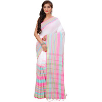 Laxmi Handloom Womens Traditional Bengal Handloom Begampuri Cotton Saree (White Pink 2)
