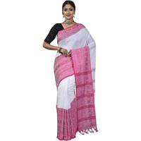 Laxmi Handloom Womens Traditional Bengal Handloom Begampuri Cotton Saree (White Pink)