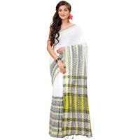 Laxmi Handloom Womens Traditional Bengal Handloom Begampuri Cotton Saree (White Lemon)