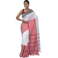 Laxmi Handloom Womens Traditional Bengal Handloom Begampuri Cotton Saree (White Red Black)