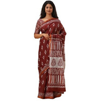 JALTHER Handicrafts Womens Ikat Hand Block Print Jaipuri Cotton Mulmul Saree Zari Border with Blouse Piece_Maroon_8