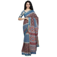 JALTHER Handicrafts Womens Ikat Hand Block Print Jaipuri Cotton Mulmul Saree Zari Border with Blouse Piece_Blue_30