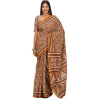 JALTHER Handicrafts Womens Ikat Hand Block Print Jaipuri Cotton Mulmul Saree Zari Border with Blouse Piece_Brown_41