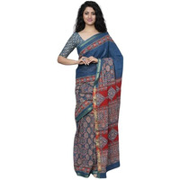 JALTHER Handicrafts Womens Ikat Hand Block Print Jaipuri Cotton Mulmul Saree Zari Border with Blouse Piece_Blue_23