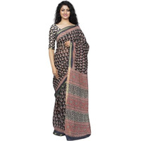 JALTHER Handicrafts Womens Ikat Hand Block Print Jaipuri Cotton Mulmul Saree Zari Border with Blouse Piece_Black_26