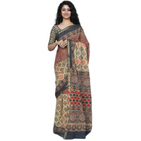 JALTHER Handicrafts Womens Ikat Hand Block Print Jaipuri Cotton Mulmul Saree Zari Border with Blouse Piece_Grey_25