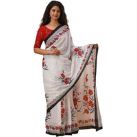 JALTHER Handicrafts Womens Ikat Hand Block Print Jaipuri Cotton Mulmul Saree with Blouse Piece - White_27
