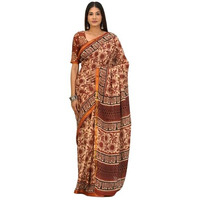 JALTHER Handicrafts Womens Ikat Hand Block Print Jaipuri Cotton Mulmul Saree Zari Border with Blouse Piece_Cream_37