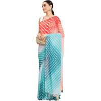 RANI SAAHIBA Womens Chiffon Lehriya Printed Saree Without Blouse (SSKR9117_Turquoise-Red)
