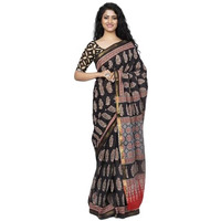 JALTHER Handicrafts Womens Ikat Hand Block Print Jaipuri Cotton Mulmul Saree Zari Border with Blouse Piece_Black_29