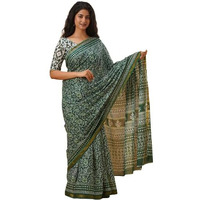 JALTHER Handicrafts Womens Ikat Hand Block Print Jaipuri Cotton Mulmul Saree Zari Border with Blouse Piece_Green_14