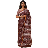 JALTHER Handicrafts Womens Ikat Hand Block Print Jaipuri Cotton Mulmul Saree Zari Border with Blouse Piece_Maroon_11