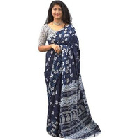 JALTHER Womens Ikat Hand Block Print Jaipuri Cotton Mulmul Saree with Blouse Piece -Blue_Jal551