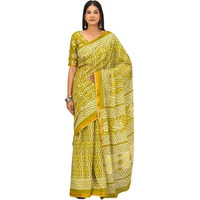 JALTHER Handicrafts Womens Ikat Hand Block Print Jaipuri Cotton Mulmul Saree Zari Border with Blouse Piece_Green_42