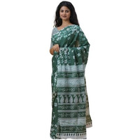 JALTHER Handicrafts Womens Ikat Hand Block Print Jaipuri Cotton Mulmul Saree with Blouse Piece - Green_26