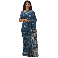 JALTHER Handicrafts Womens Ikat Hand Block Print Jaipuri Cotton Mulmul Saree Zari Border with Blouse Piece_Blue_9