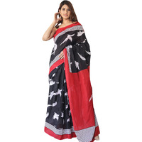 JALTHER Handicrafts Womens Ikat Hand Block Print Jaipuri Cotton Mulmul Saree with Blouse Piece - Black_DESIGN 28