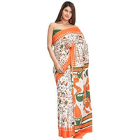 JALTHER Handicrafts Womens Ikat Hand Block Print Jaipuri Cotton Mulmul Saree with Blouse Piece - Orange_DESIGN 27