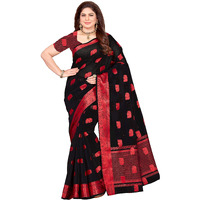 MALIQUA Plain Weave Poly Cotton Saree with Blouse Piece (Black & Red)